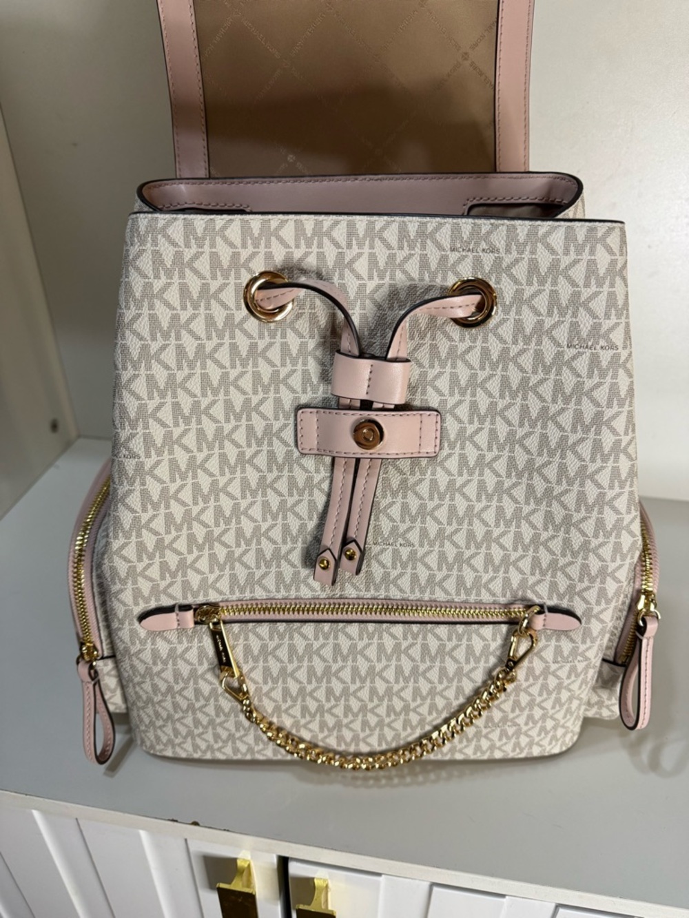 Michael Kors Blush Pink Logo Backpack with Gold Chain Large - Picture 7 of 14
